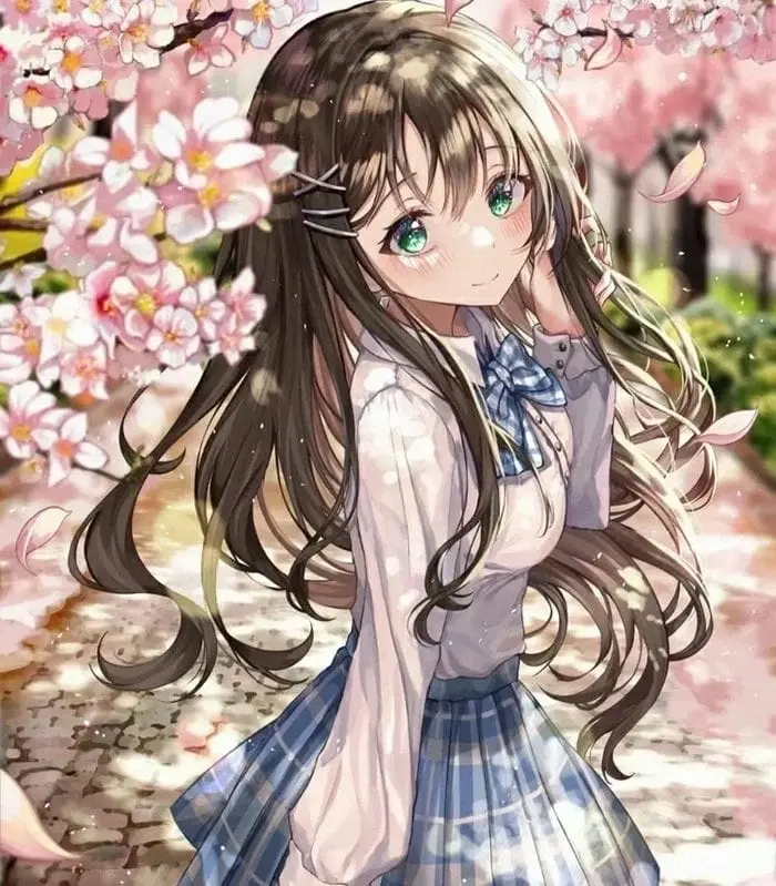 Nữ sinh anime dễ thương giữa hoa đào nở rộ tươi tắn
