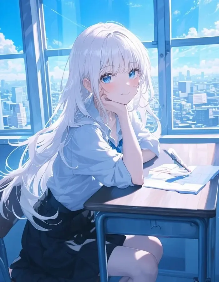 Nữ sinh anime dễ thương hình ảnh cô bé xinh xắn học tập tại lớp