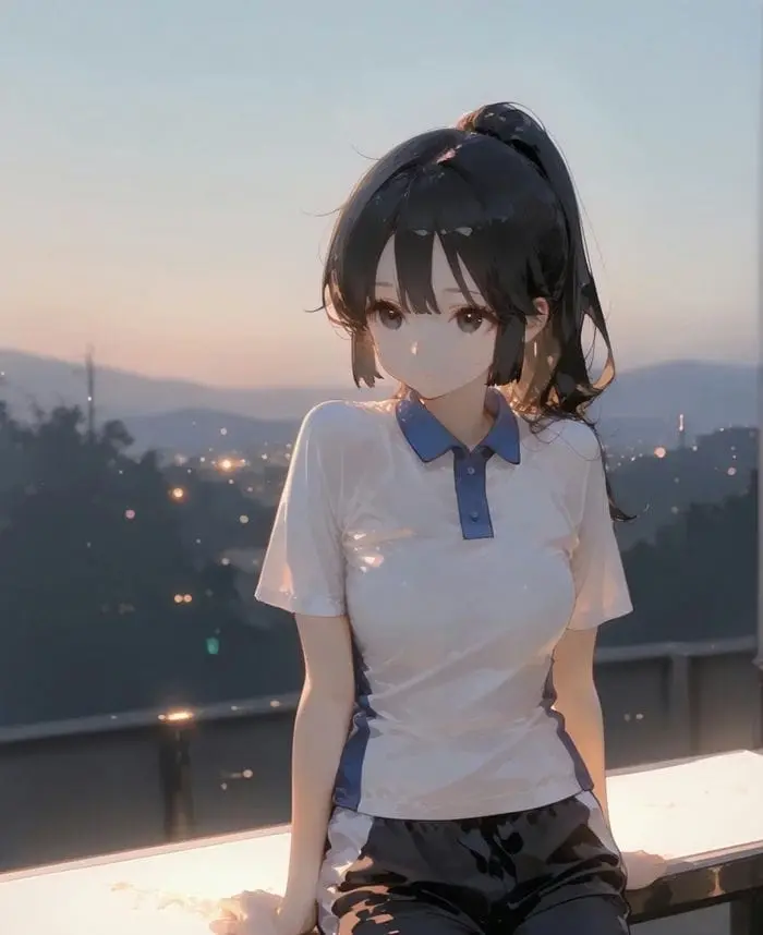Nữ sinh anime dễ thương ngắm cảnh hoàng hôn tuyệt đẹp