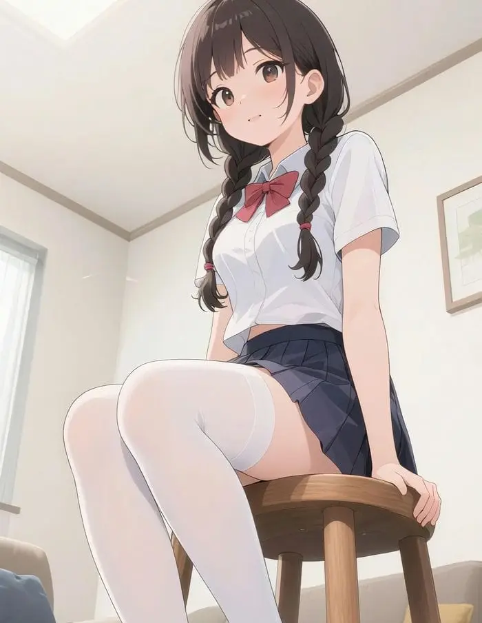 Nữ sinh anime dễ thương ngồi ghế vẻ đẹp trong sáng tinh khôi