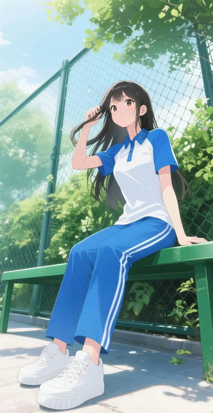 Nữ sinh anime dễ thương ngồi thư giãn trên ghế công viên