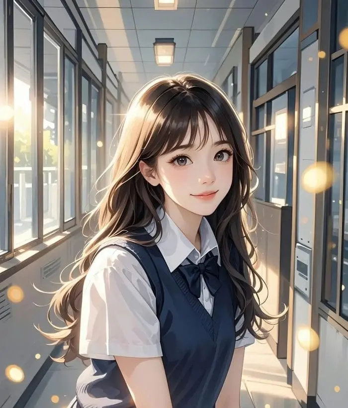 Nữ sinh anime dễ thương trong hành lang trường cô bé xinh xắn