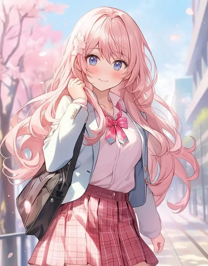Nữ sinh anime dễ thương với mái tóc hồng kẹo ngọt ngào