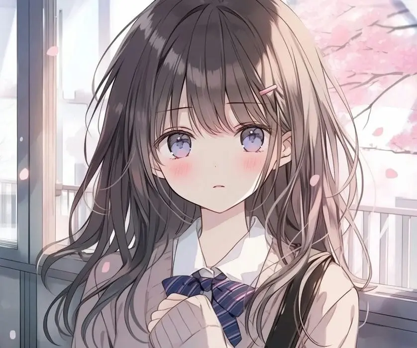Nữ sinh anime dễ thương với mái tóc nâu dịu dàng