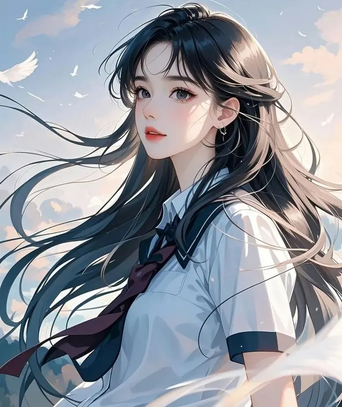 Nữ sinh anime dễ thương xinh xắn với mái tóc dài thướt tha