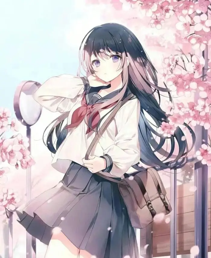 Nữ sinh anime xinh tươi dưới tán hoa đào nở rộ