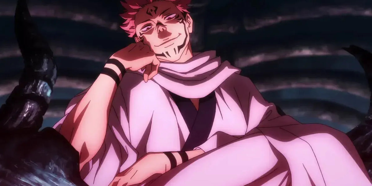 Sukuna ngồi ngạo nghễ với vẻ mặt đầy thách thức trong hình ảnh anime jujutsu kaisen
