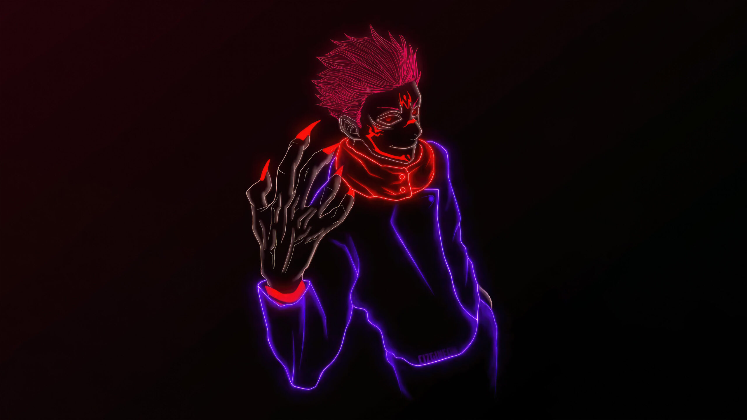 Sukuna ryomen trong hình ảnh anime với phong cách đường nét neon rực rỡ nổi bật trên nền đen tối