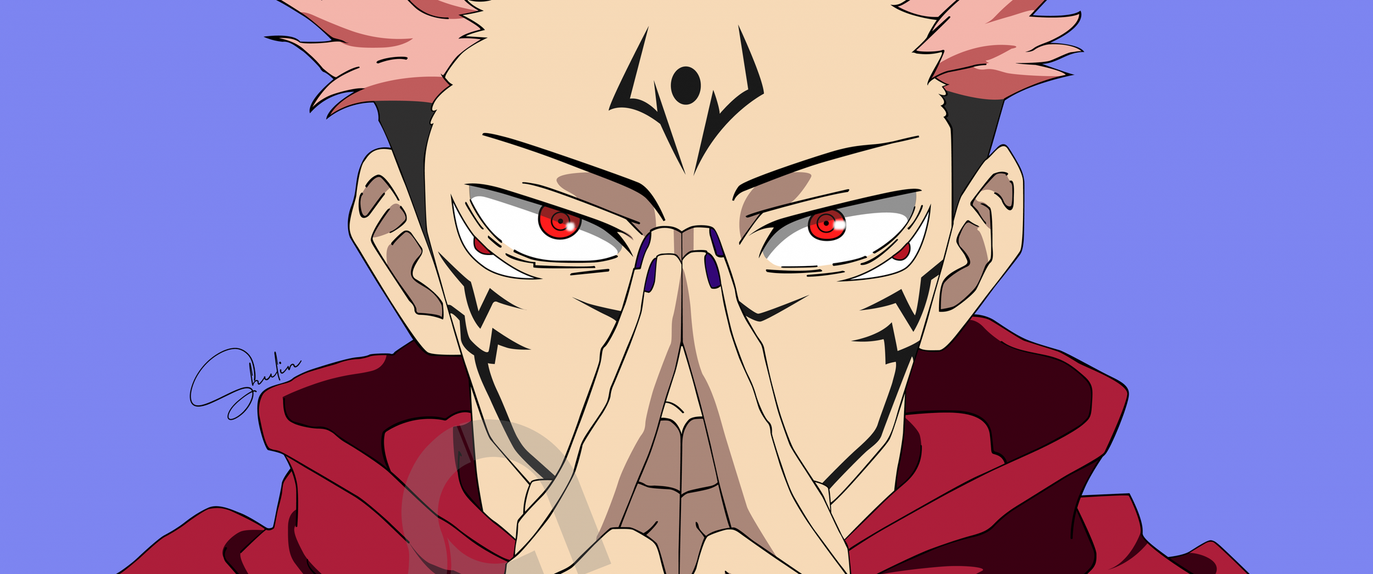 Sukuna ryomen từ jujutsu kaisen với biểu cảm dữ tợ và đôi mắt đỏ rực đầy quyền năng