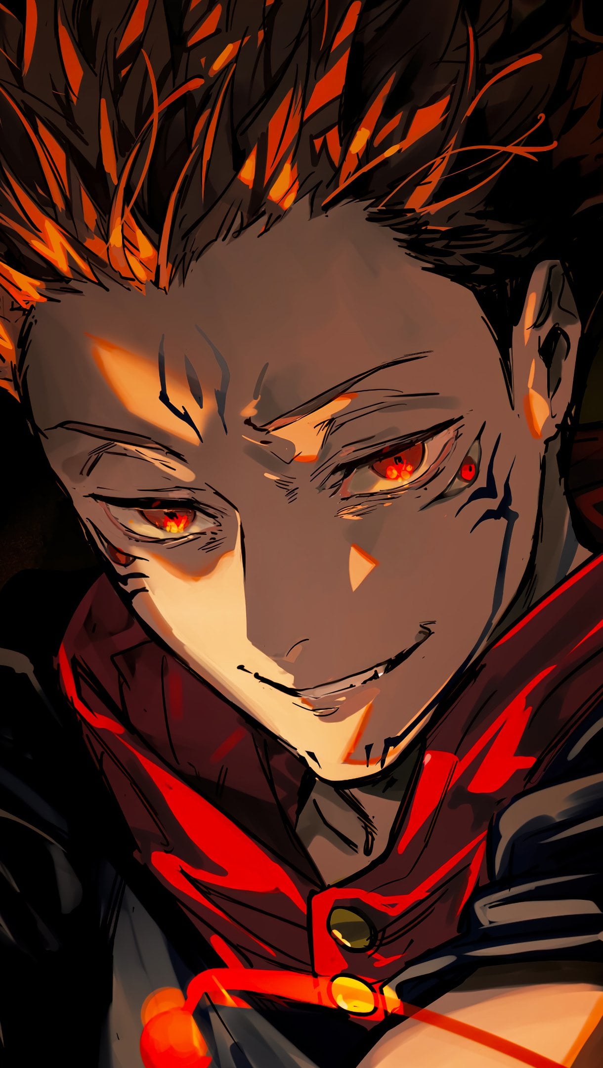 Sukuna ryomen với ánh mắt sắc bén cùng nụ cười hiểm ác trong hình ảnh anime jujutsu kaisen