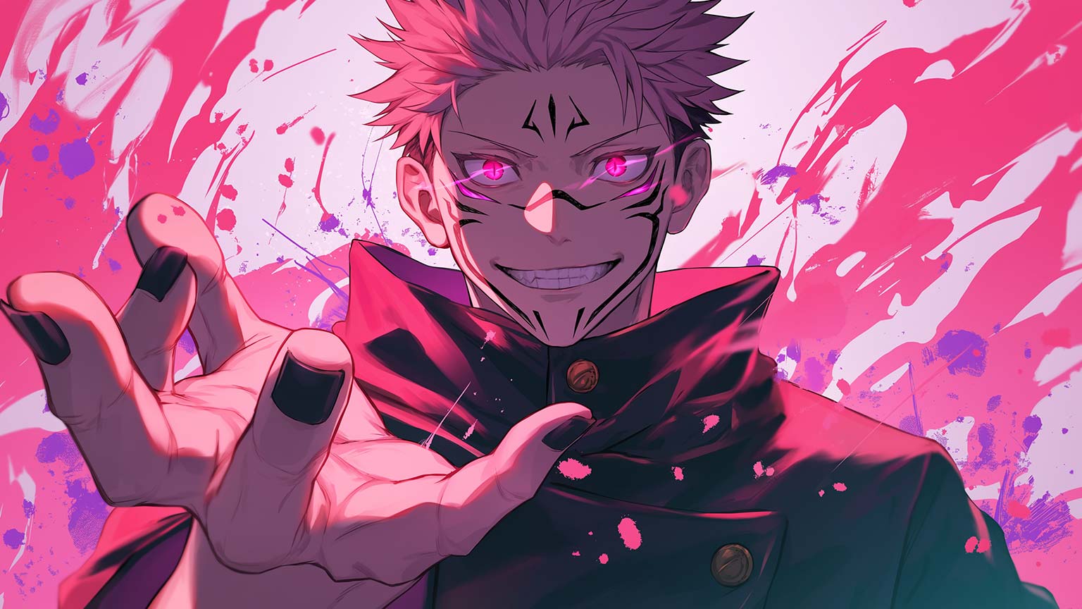 Sukuna ryomen với biểu cảm nhếch mép đầy nguy hiểm trong hình ảnh anime jujutsu kaisen ấn tượng