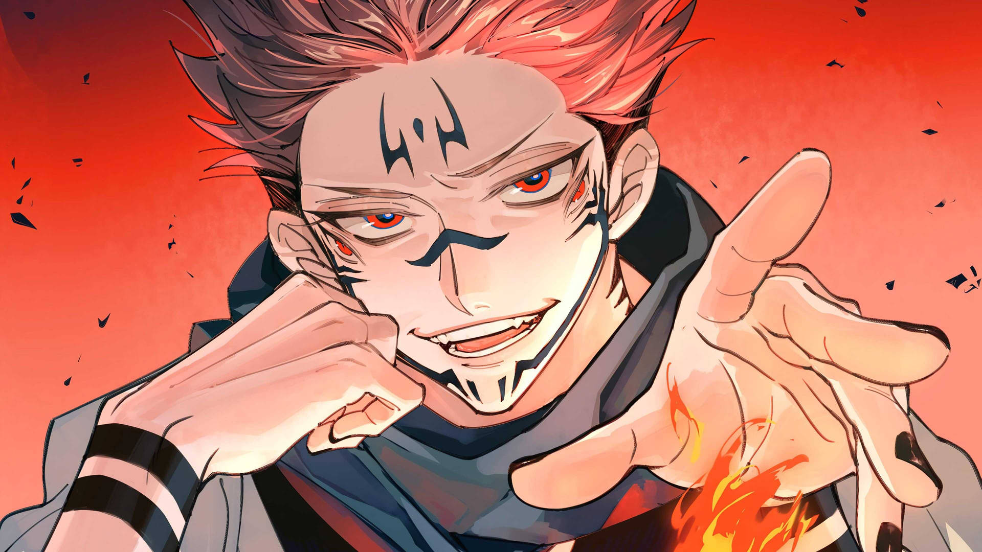 Sukuna ryomen với biểu cảm nhếch mép đầy nguy hiểm trong hình ảnh anime jujutsu kaisen ấn tượng
