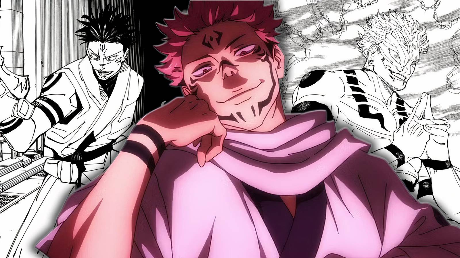 Sukuna ryomen với hình dáng quỷ dị cùng yuji itadori trong phong cách anime jujutsu kaisen