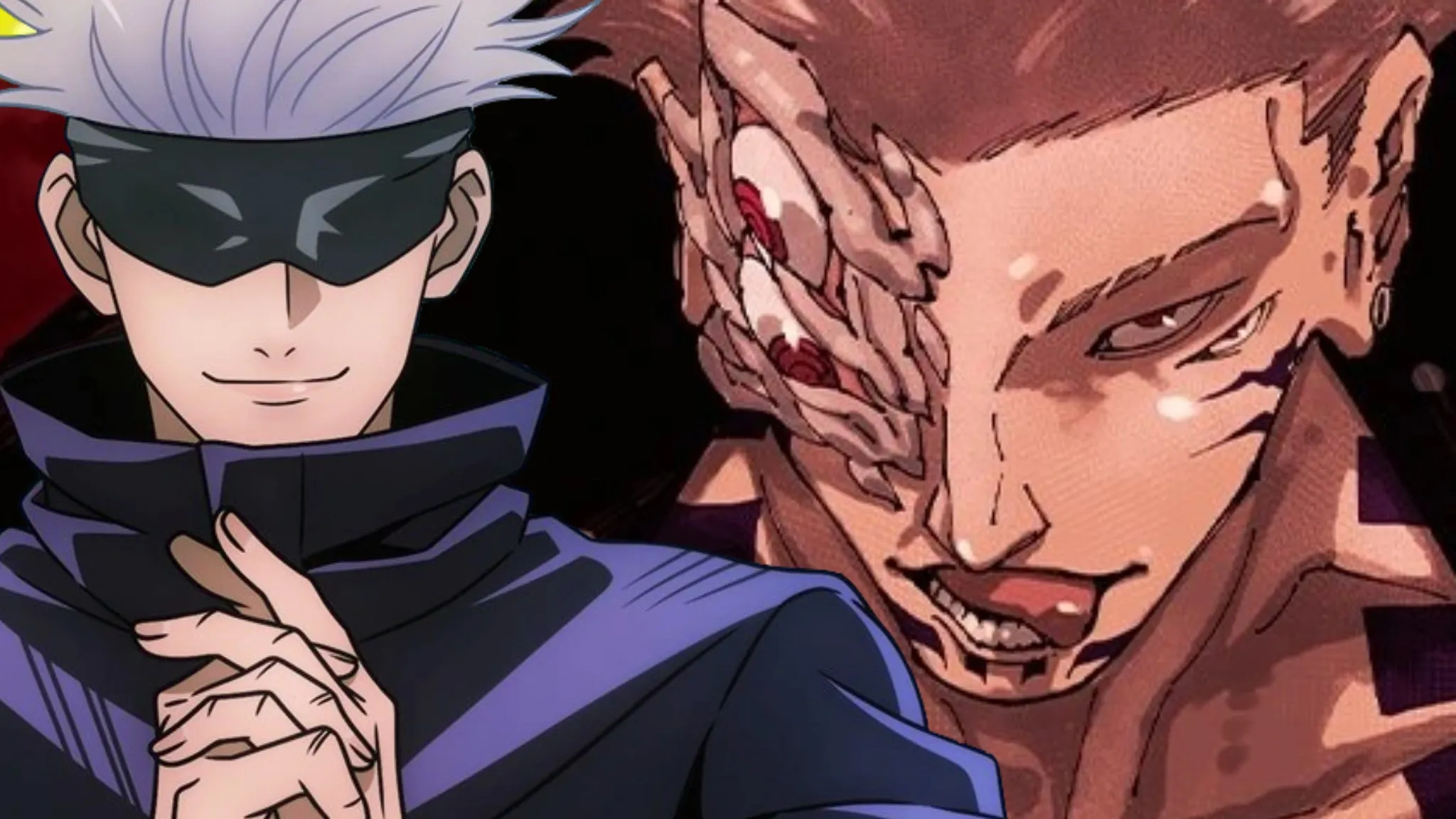 Sukuna với gương mặt quỷ dị cùng gojo satoru trong phong cách vẽ anime đầy ấn tượng
