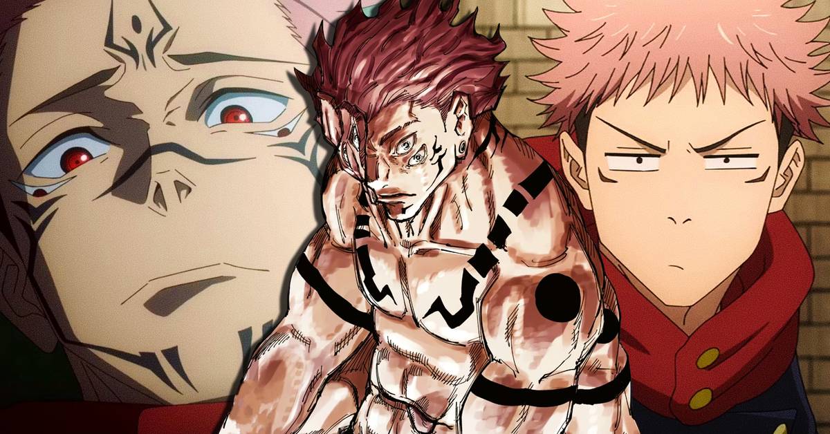 Sukuna với hình dáng quỷ dữ cùng yuji itadori thể hiện sức mạnh trong thế giới anime jujutsu kaisen