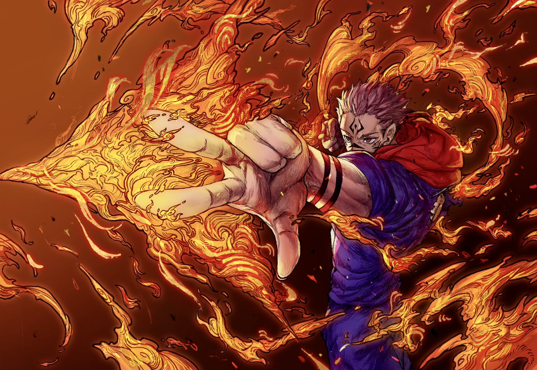 Sukuna với sức mạnh hủy diệt đang giải phóng ngọn lửa dữ dội trong hình ảnh anime ấn tượng
