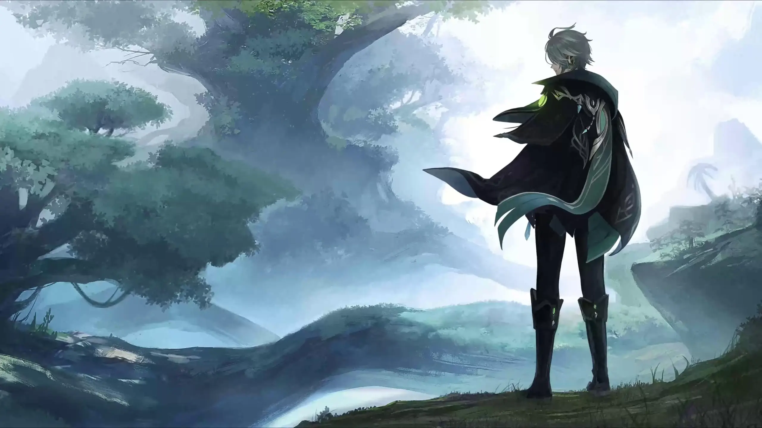 Albedo chiêm nghiệm phong cảnh teyvat trong anime genshin impact