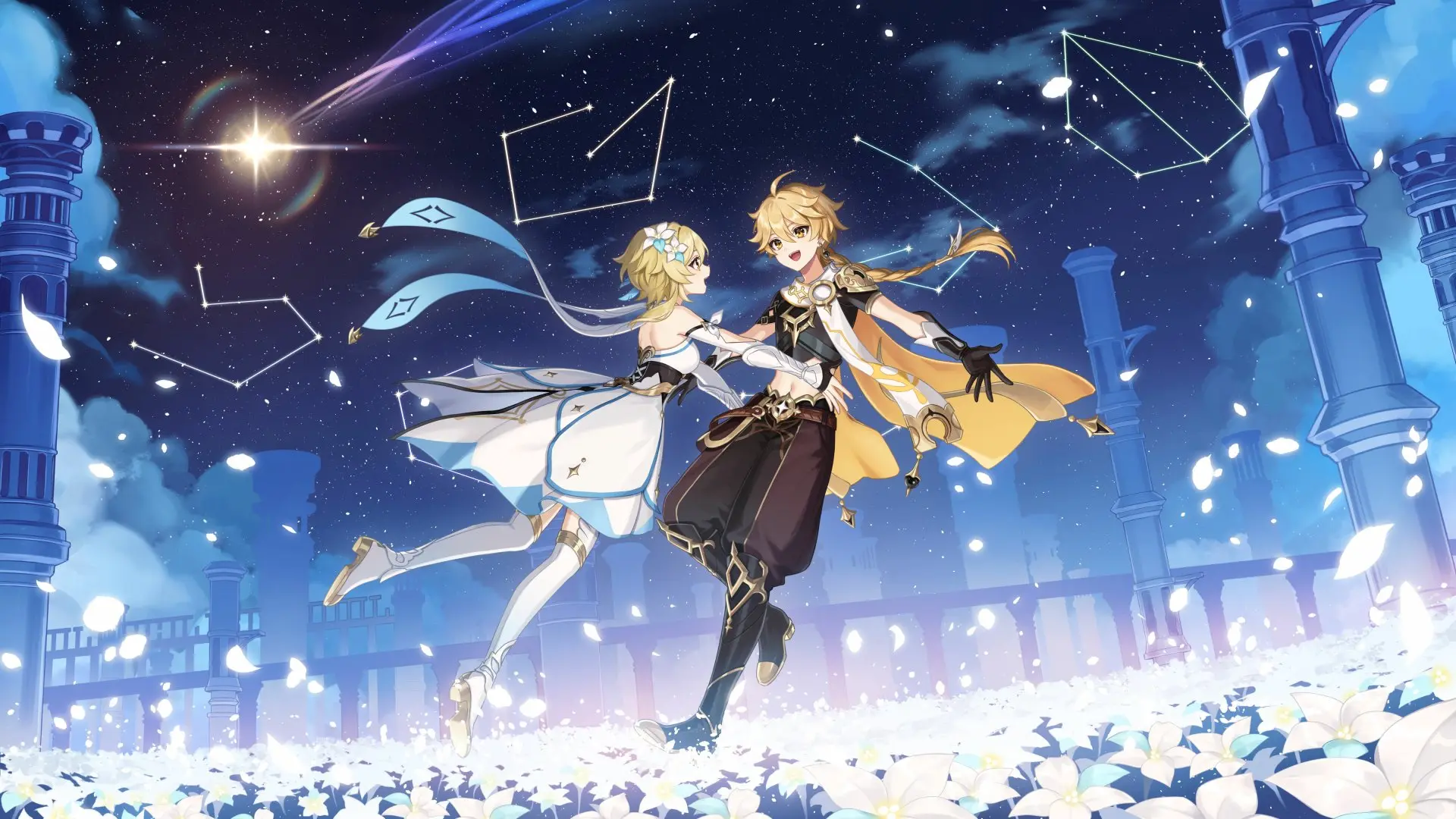 Ảnh anime genshin impact aether và lumine nhảy múa dưới ánh sao teyvat