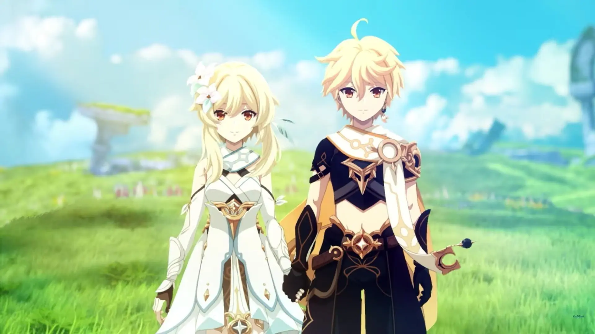 Ảnh anime genshin impact aether và lumine trong cánh đồng mondstadt xanh mát