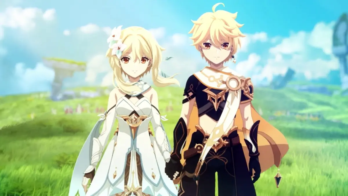 Ảnh anime genshin impact cặp song sinh lumine và aether trong thế giới teyvat