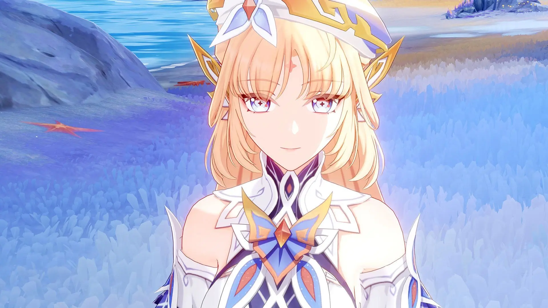 Ảnh anime genshin impact fiscl cười tươi trong vùng tuyết sương