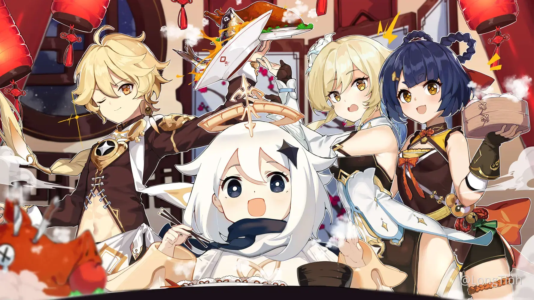 Ảnh anime genshin impact klee yanfei xiangling và bennett trong không khí lễ hội
