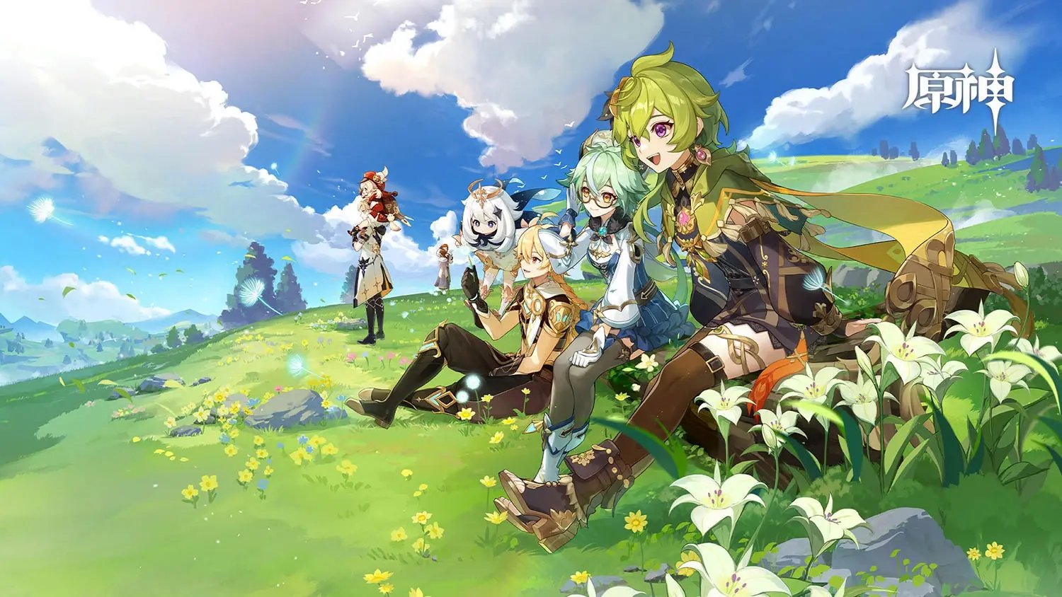 Ảnh anime genshin impact nhóm bạn wanderer khám phá đồng cỏ sumeru rực rỡ
