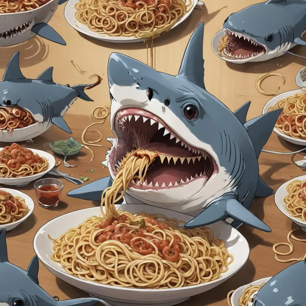 Ảnh minh họa phong cách nhật bản cá mập ăn spaghetti
