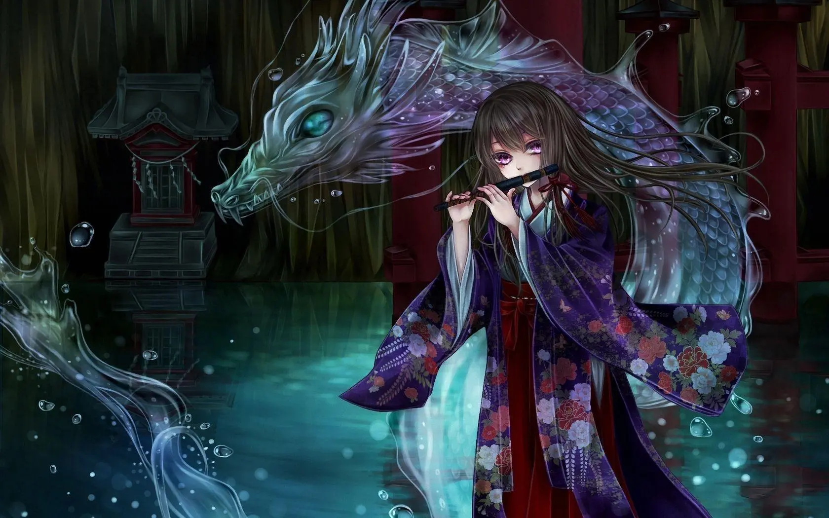 Ảnh rồng anime kiêu sa bên hồ nước tĩnh lặng