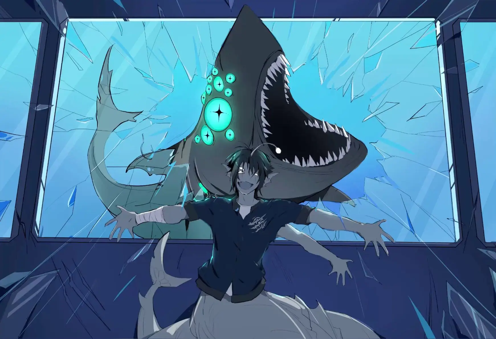 Cá mập anime phá vỡ kính hình minh họa phong cách nhật bản