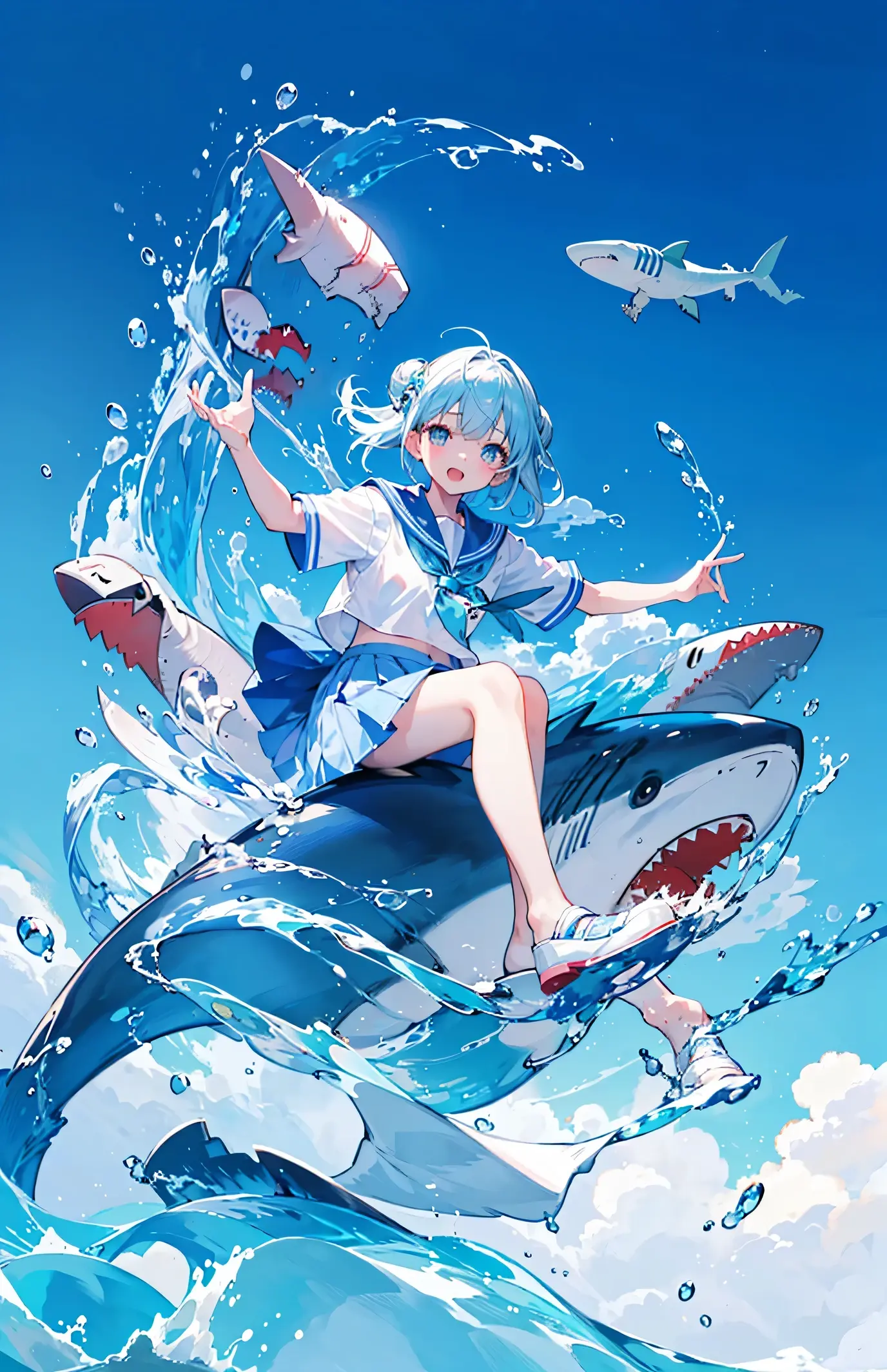 Cô gái anime cưỡi cá mập phong cách nhật bản