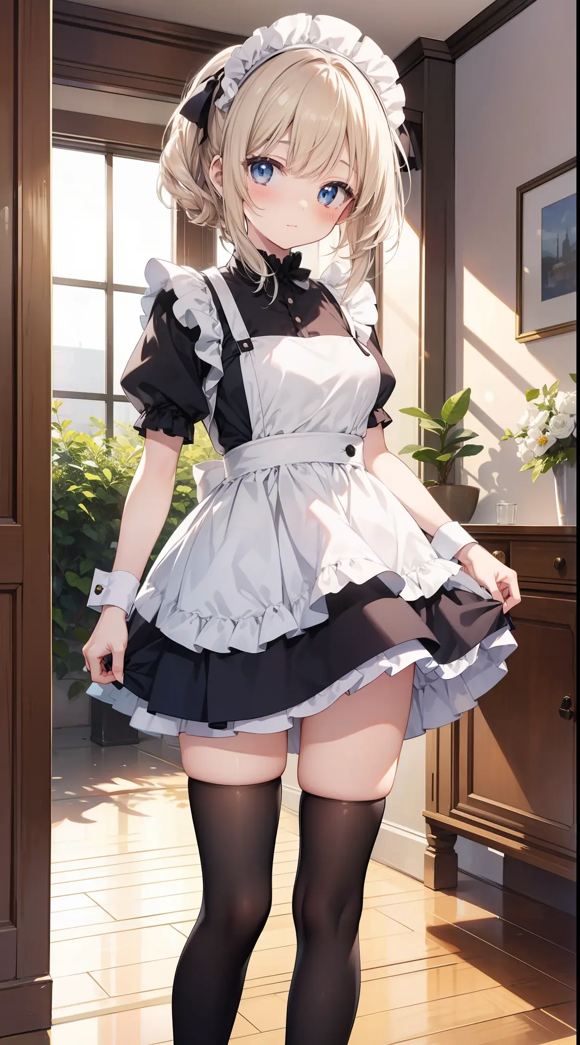 Cô gái anime diện đồng phục hầu gái dễ thương trong nhà