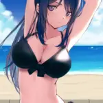 Cô gái anime mặc bikini đang tập yoga bên bãi biển