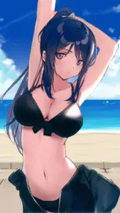 Cô gái anime mặc bikini đang tập yoga bên bãi biển