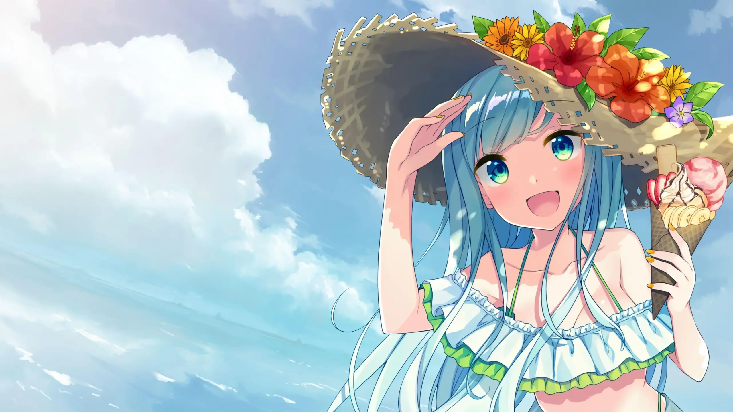 Cô gái anime mặc bikini đáng yêu bên bãi biển xanh