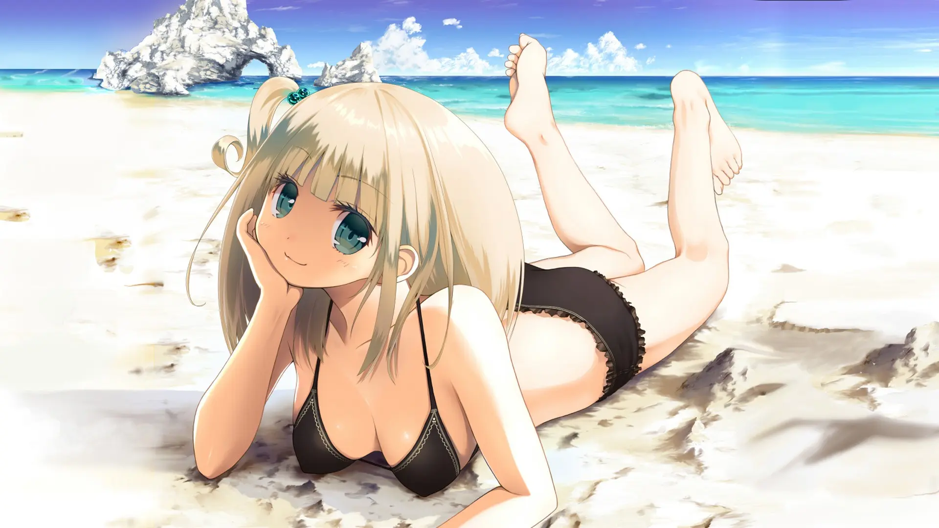 Cô gái anime nằm thư giãn trong bikini ở bãi biển