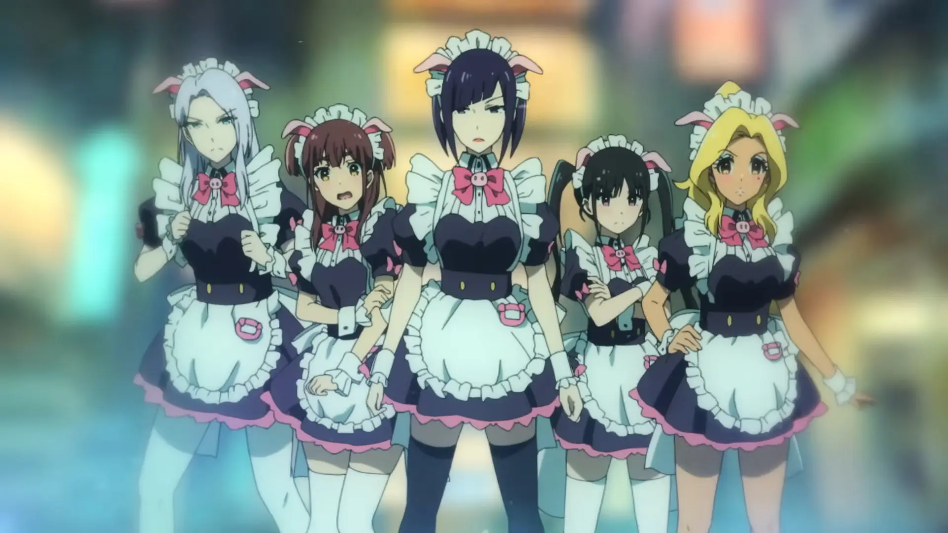 Năm cô gái anime đồng phục hầu gái kiên quyết