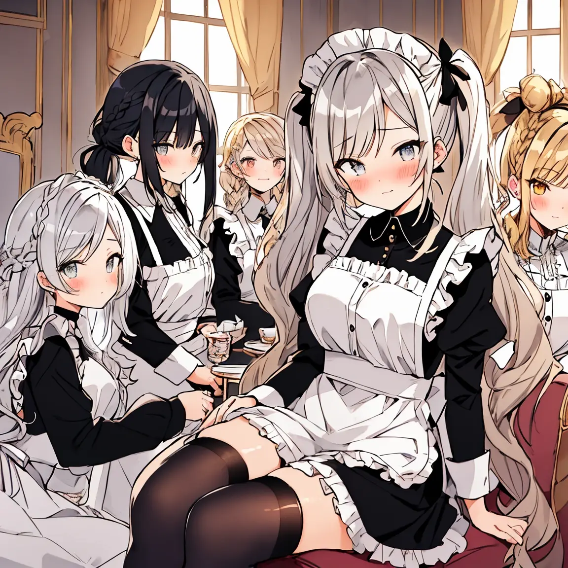 Nữ hầu gái anime xinh đẹp trong quán cà phê ấm cúng