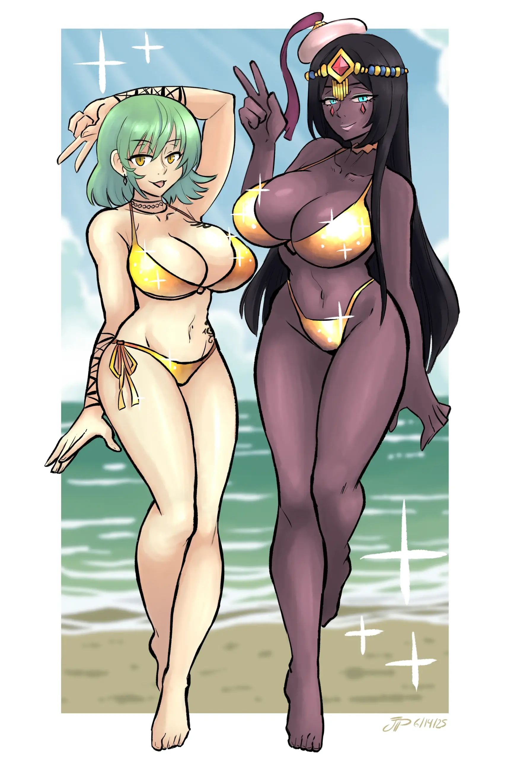 Nữ nhân vật anime diện bikini ở bãi biển