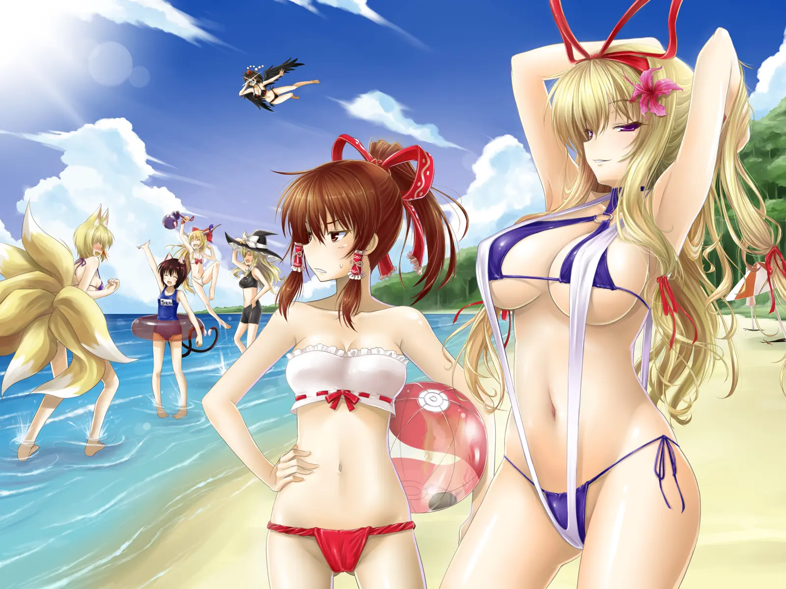 Nữ nhân vật anime diện bikini ở bãi biển