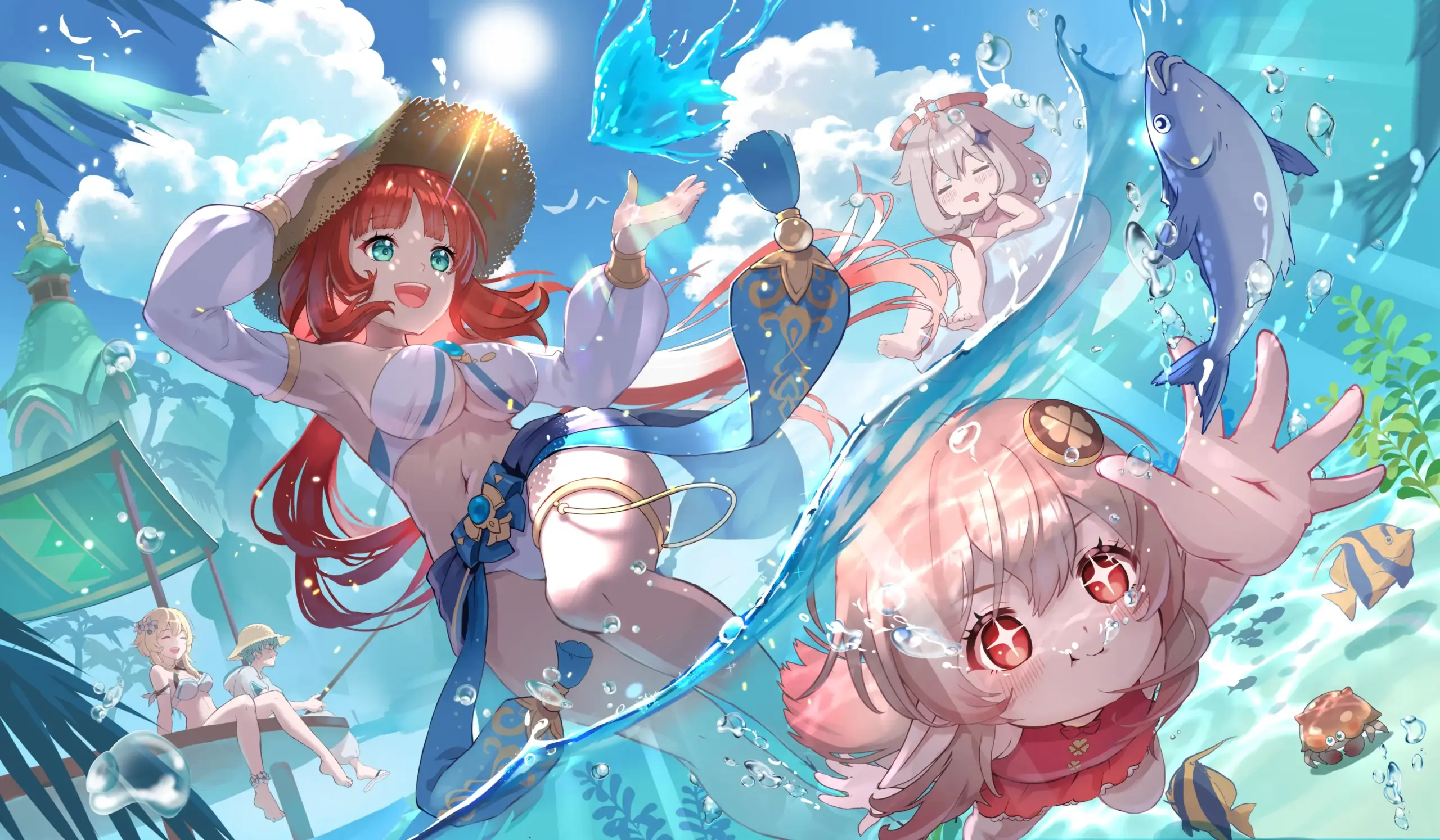 Nữ nhân vật anime diện bikini vui chơi dưới nước