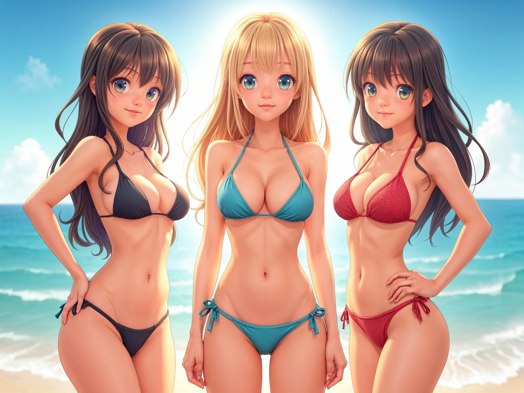 Nữ nhân vật anime diện đồ bơi ba cô gái xinh đẹp