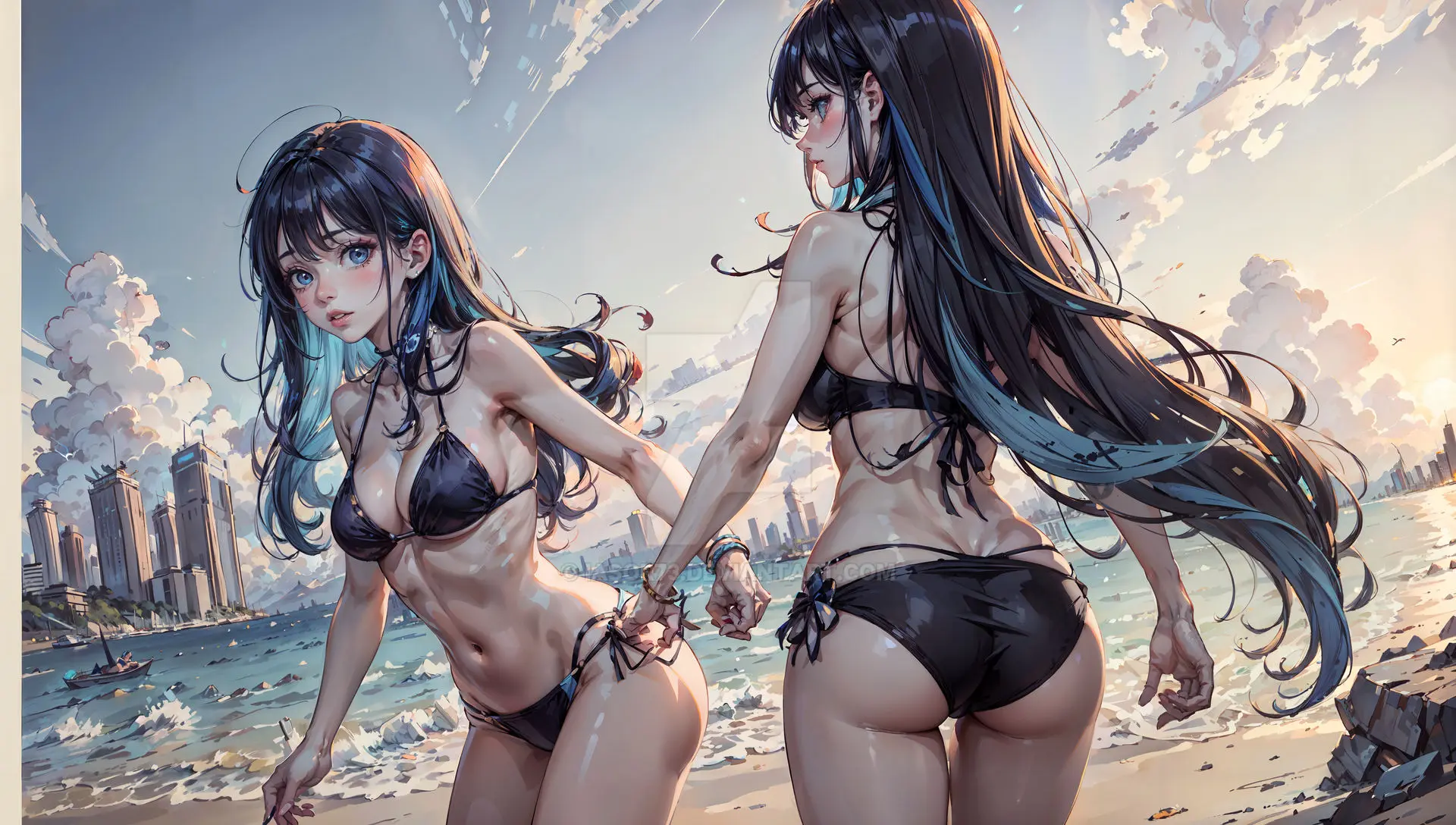 Nữ nhân vật anime diện đồ bơi bên bờ biển rộng lớn