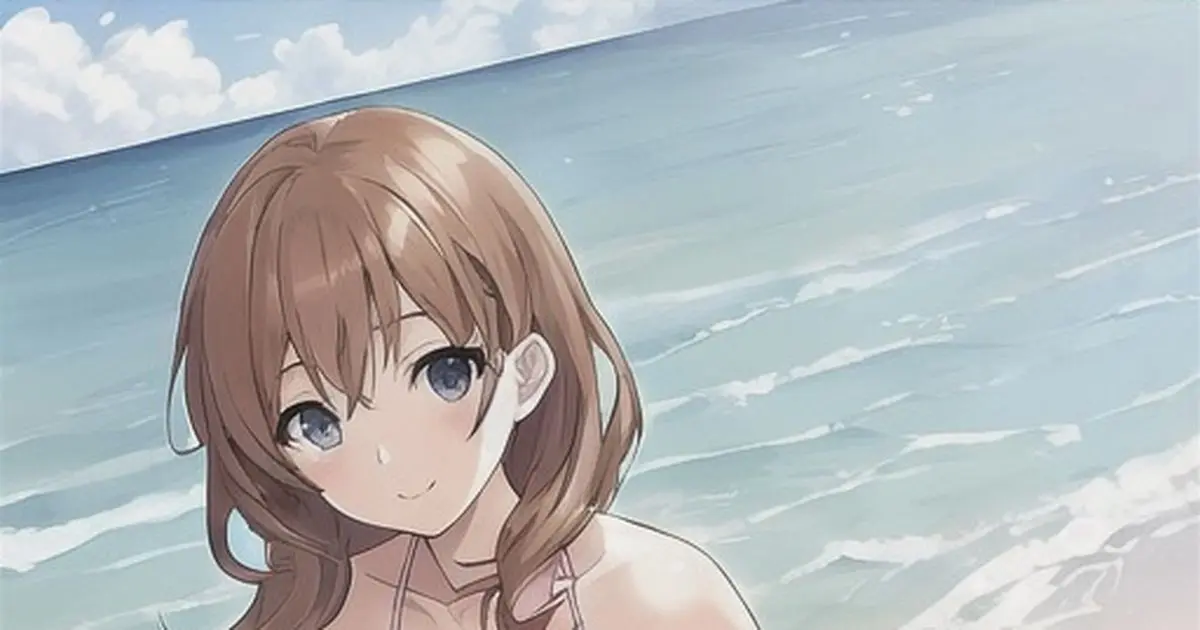 Nữ nhân vật anime diện đồ bơi bên bờ biển xanh