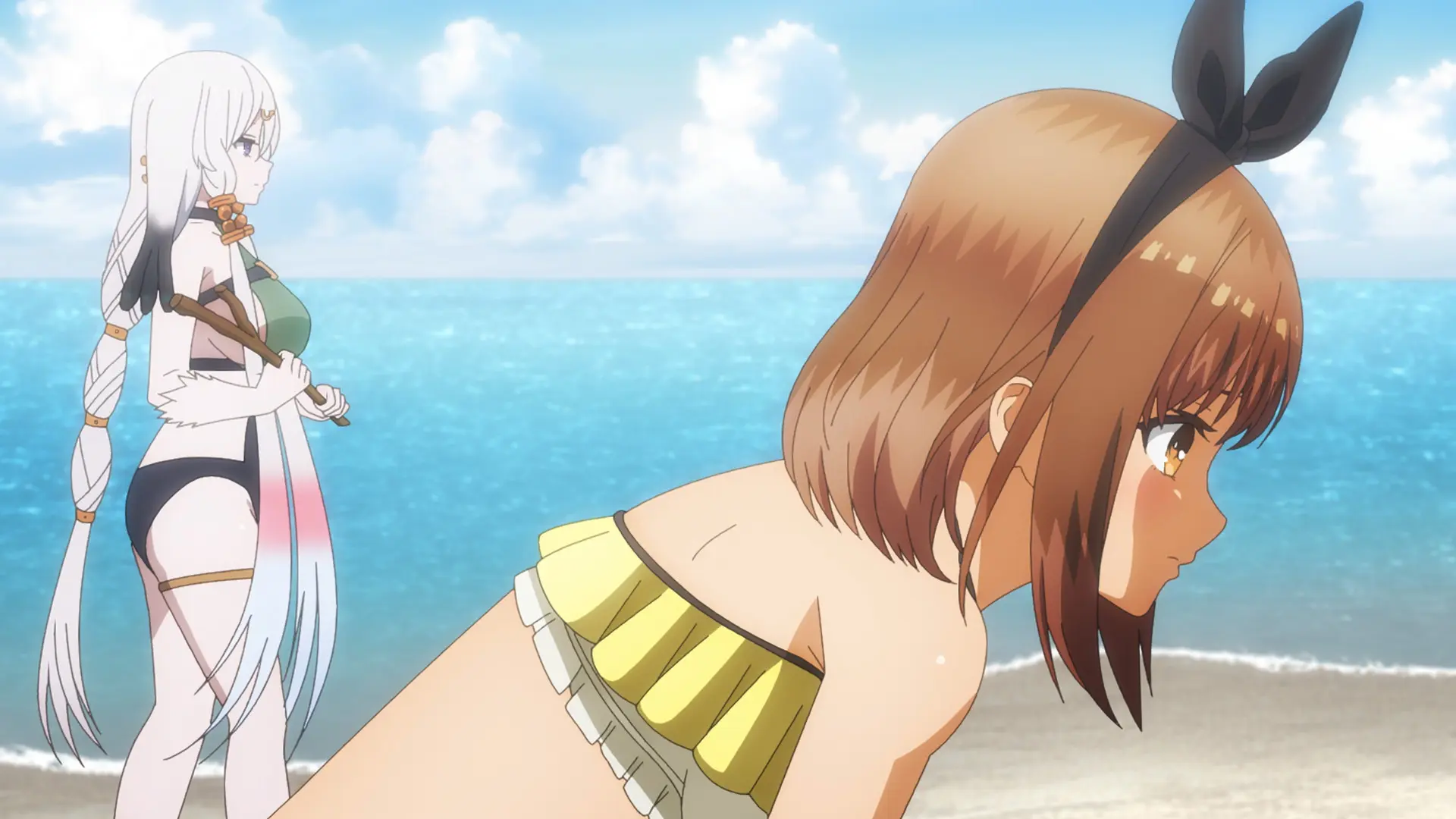 Nữ nhân vật anime diện đồ bơi bên bờ biển xanh mát