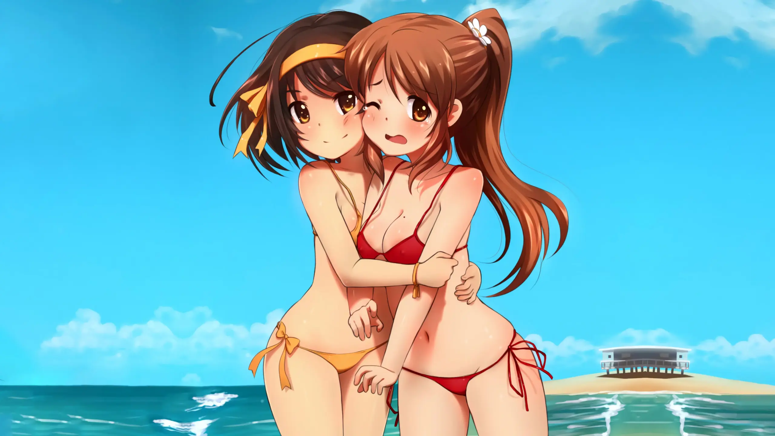 Nữ nhân vật anime diện đồ bơi bên bờ biển xanh