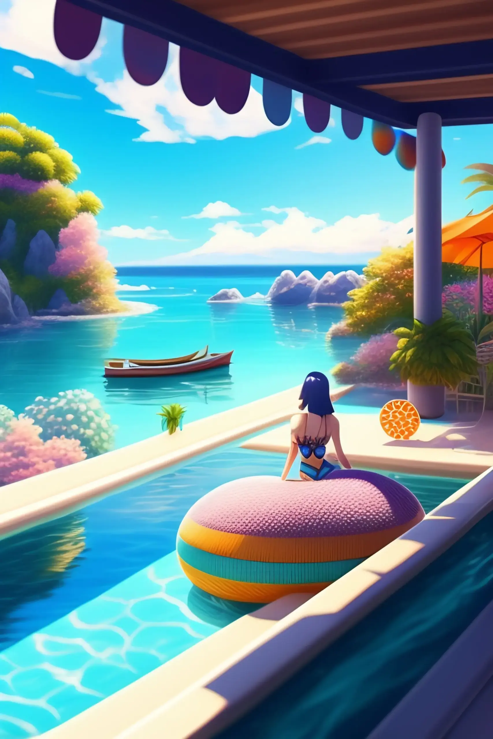 Nữ nhân vật anime diện đồ bơi bên hồ bơi xanh mát