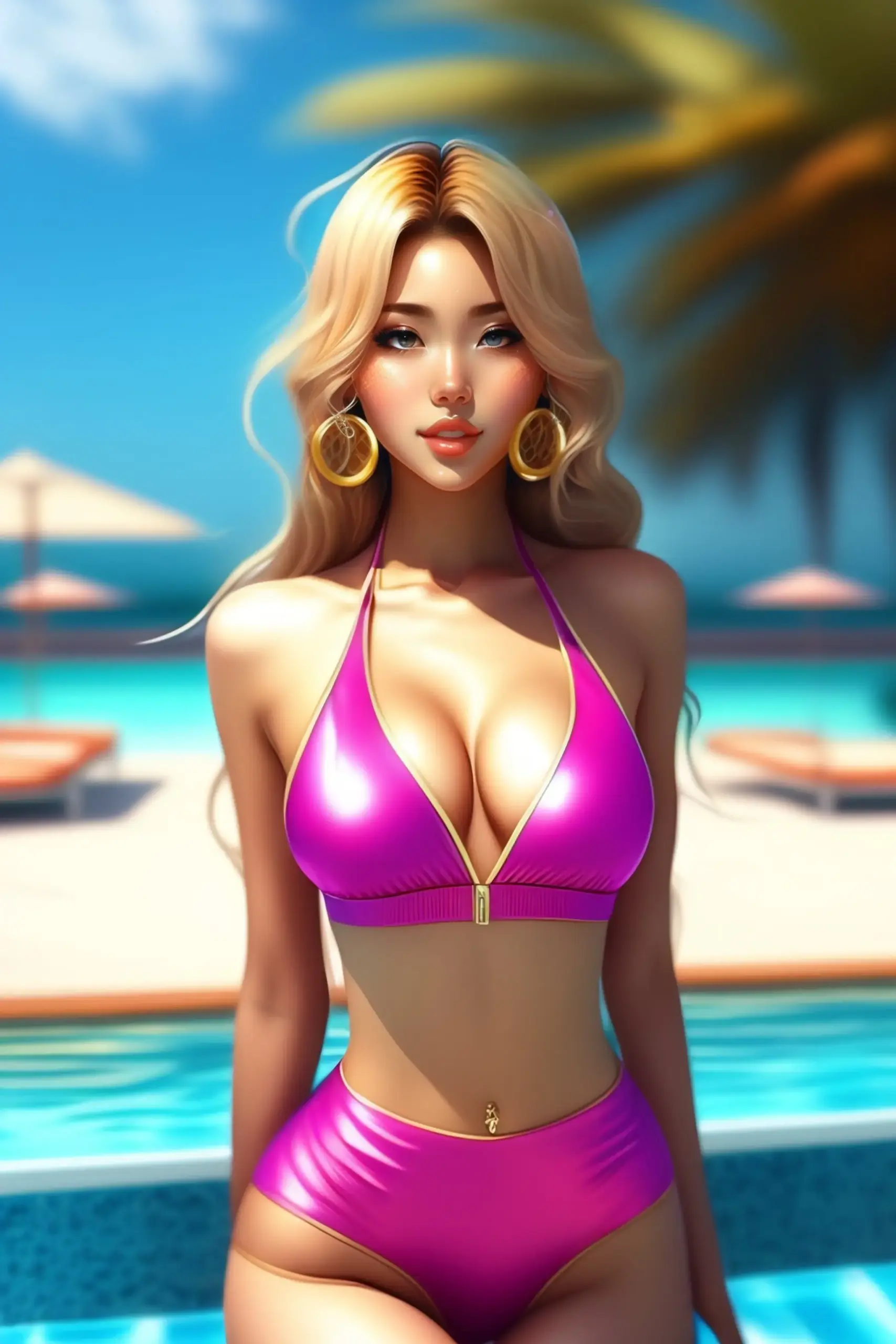 Nữ nhân vật anime diện đồ bơi hồng quyến rũ