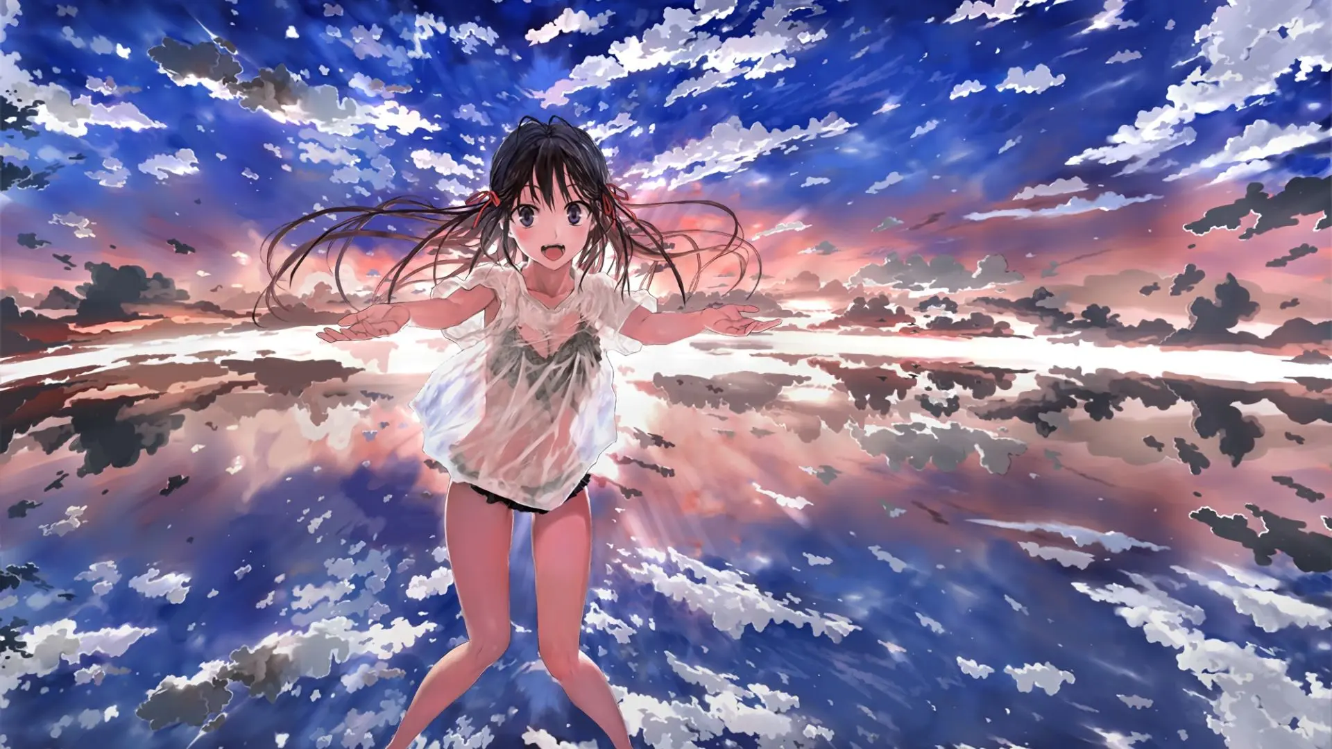 Nữ nhân vật anime mặc đồ bơi bay lượn giữa những đám mây