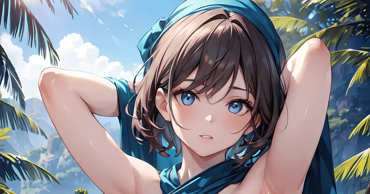 Nữ nhân vật anime mặc đồ bơi bên bãi biển xanh mát